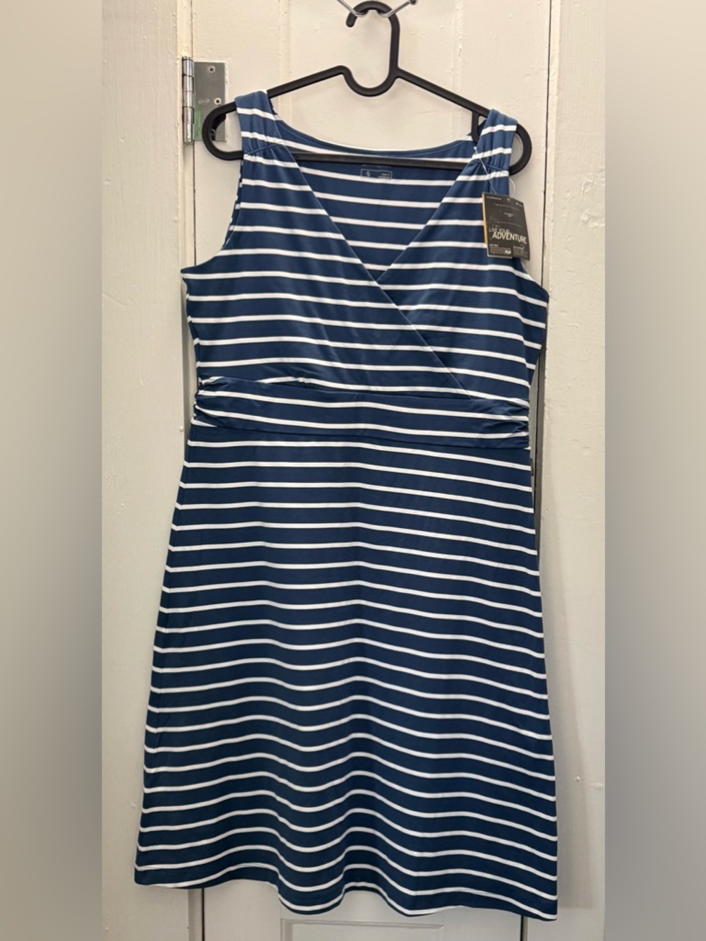 Eddie Bauer Navy and White Striped Sleeveless Wrap-Front Dress
